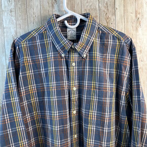 Brooks Brothers 346 Button Down Shirt Mens XL Orange‎ Navy Plaid Long Sleeve - Picture 3 of 7